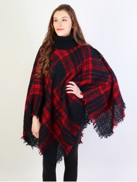 Loose Neck Poncho W/ Plaid